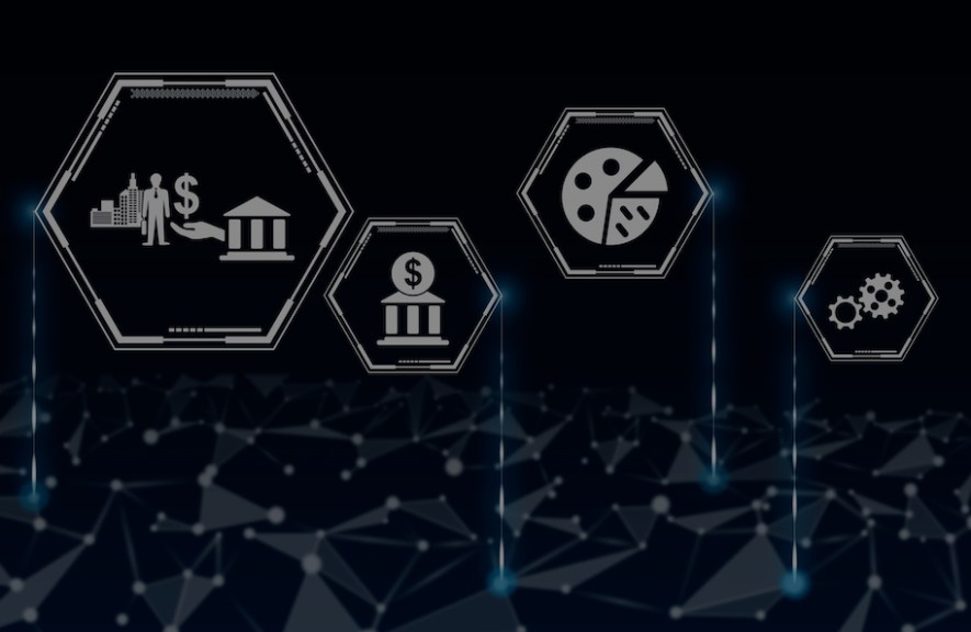 Concept of government aid with icons in hexagons connected to abstract network