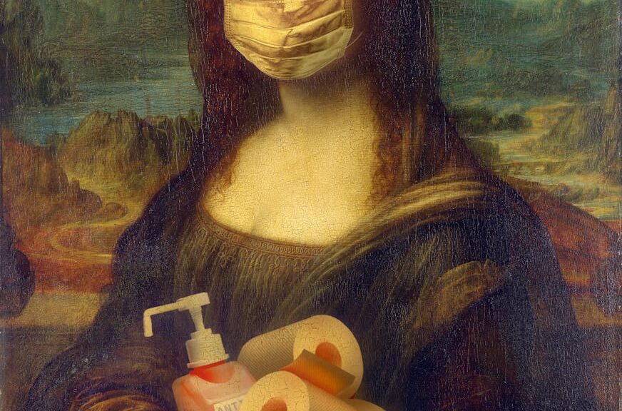 woman in brown dress holding white plastic bottle painting